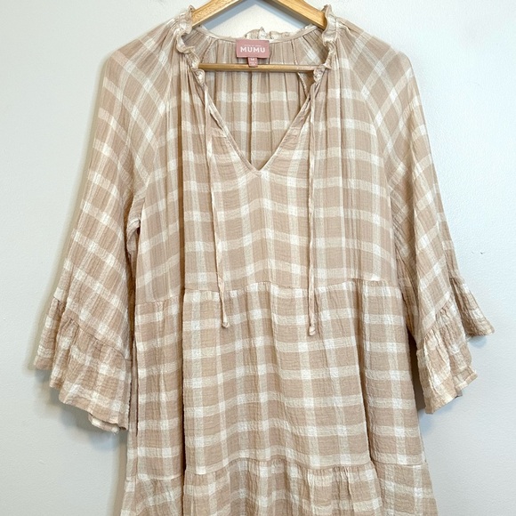 🎉SHOW ME YOUR MUMU Viola Plaid Mini Dress Cream Medium - Picture 4 of 14